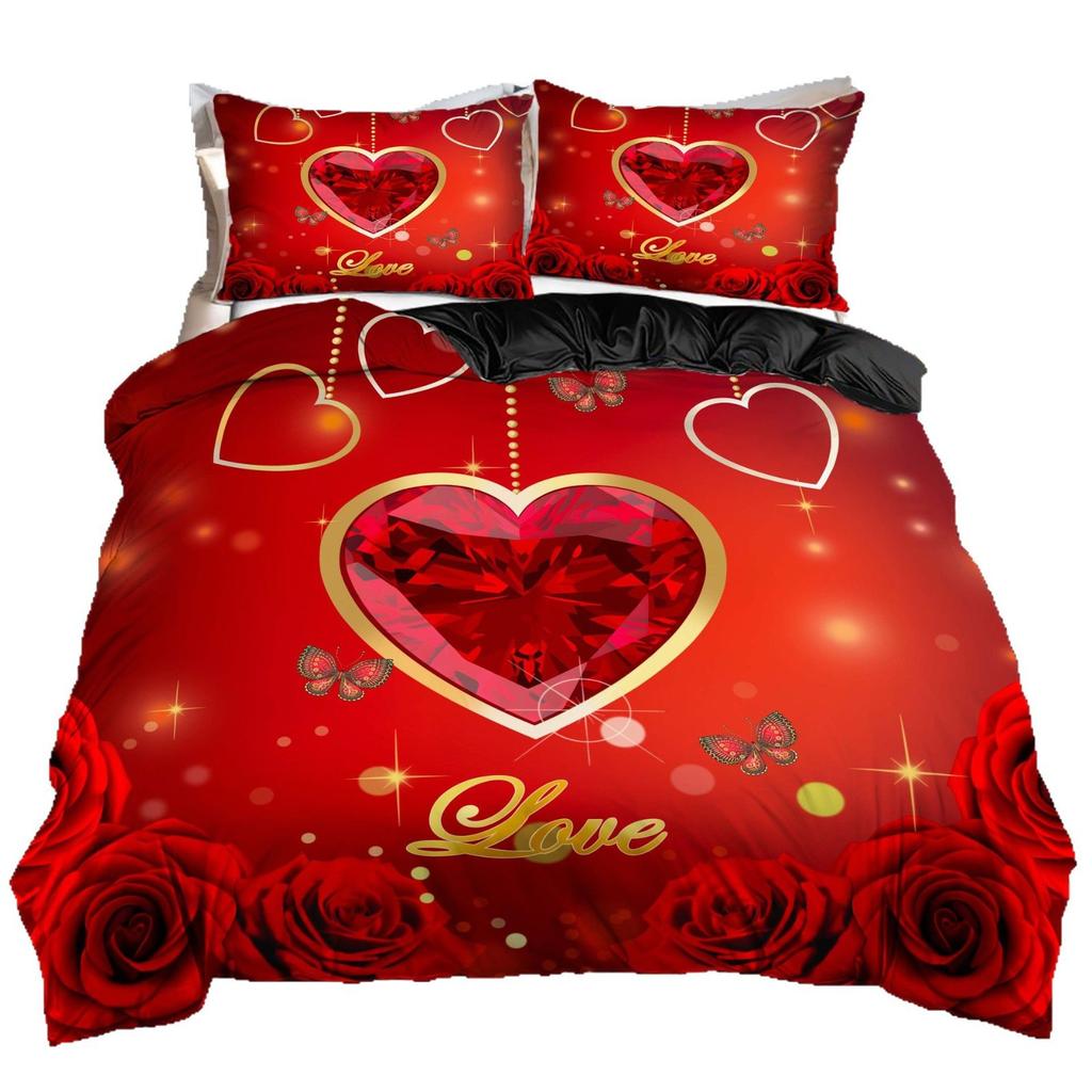 Red Festive Romantic Love Rose Digital Printing Retro Three-Piece Wedding Quilt Cover Bedding Couple