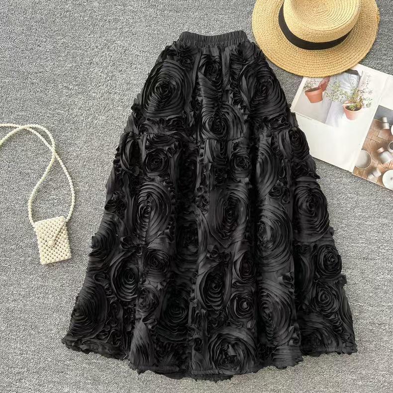 European Retro Embroidered Floral Mesh Skirt - Elegant Umbrella Style for Spring and Autumn