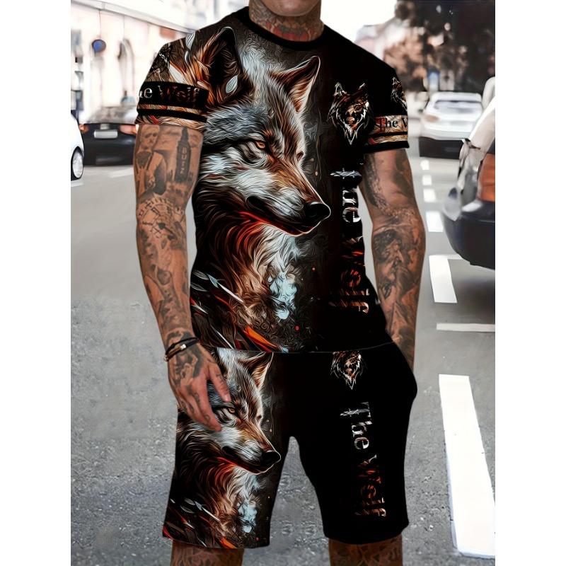 Summer Men's Sports Suit Wolf 3D Printed Short Sleeve T-Shirt and Shorts Set Casual Outfit