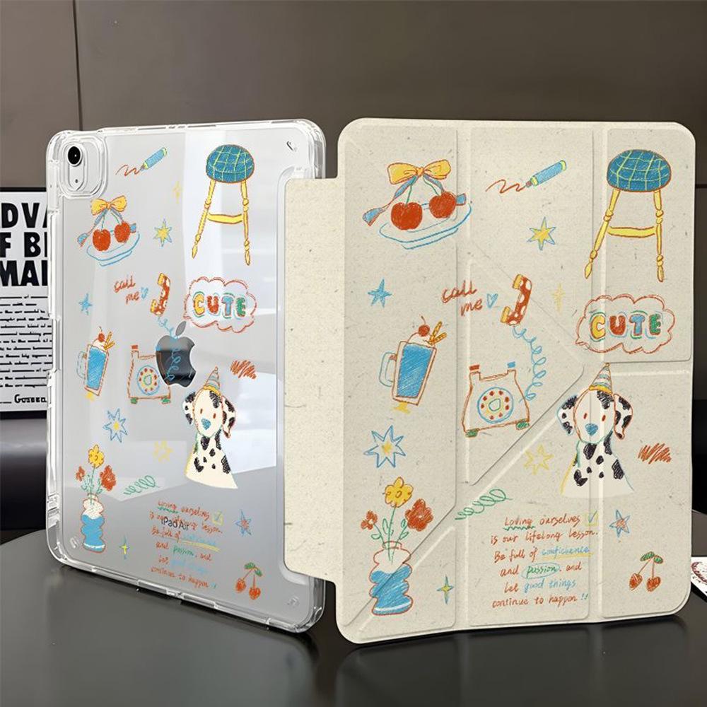 ins style retro illustration for iPad Pro11 inch Y folded edge sticker tablet protective case with pen slot anti-drop soft case