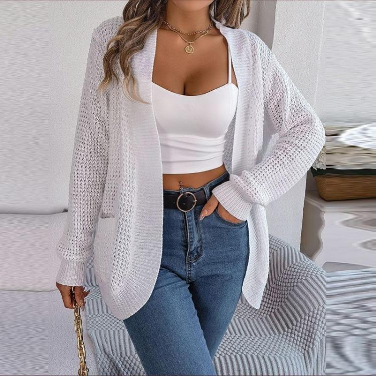 Women Casual Solid Color Knitted Cardigan Long Sleeve Pocket Sweater Autumn Winter