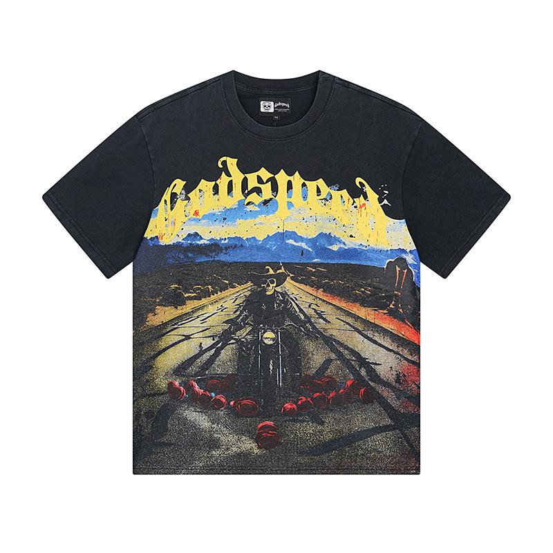 Cross-border trendy brand GS Skull Band Alphabet Printing Washing Water Short Sleeve Loose T-Shirt Men's and Women's High Street Retro Half Sleeve