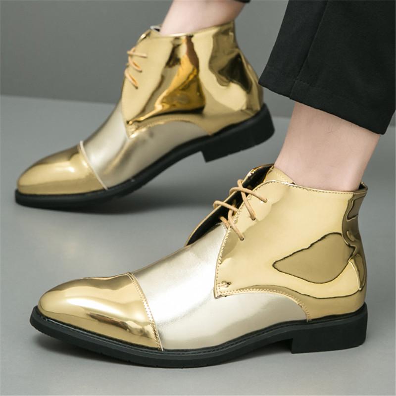 Projektant Nowy Męski Urok Złoty Patchwork Sukienka Skórzane Sznurowane Buty Dla Mężczyzn Luksusowy Dżentelmen Botki Do Kostki Ślubne Balowe Obuwie