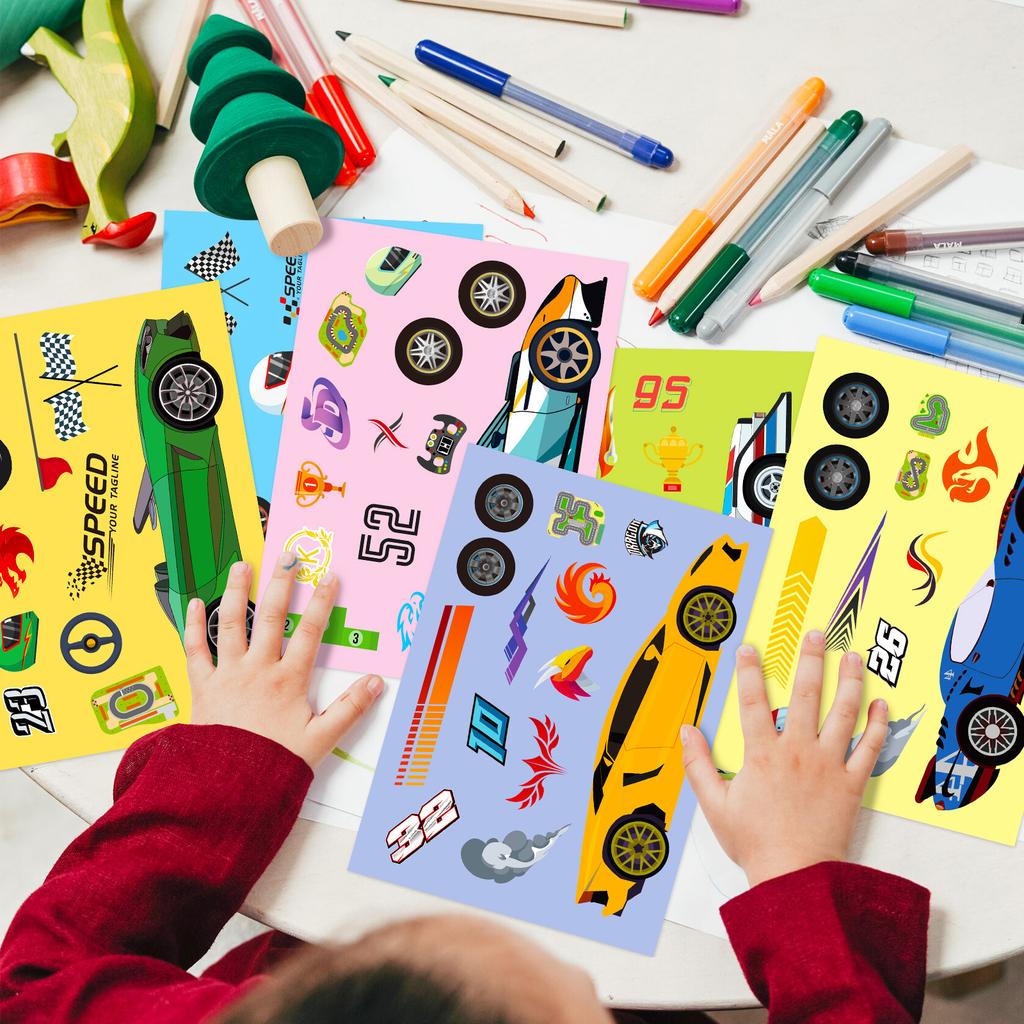 6 Bilder/Packung Renn-Puzzle Gesichtswechsel-Aufkleber Persönlichkeitstrend Cartoon-Spielzeug Kinder DIY Belohnungsaufkleber