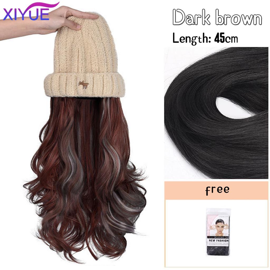 XIYUE Long Synthetic Straight Dark Brown Wigs with Hat Cap Adjustable Hair Wig with Hats for Ladies and Girls Daily Winter Wear