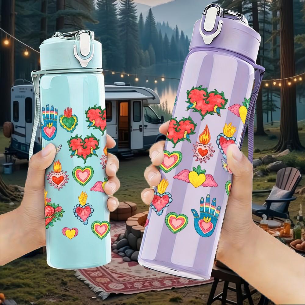 1PC Vibrant Mixed Floral Bouquet Print 750ml Color Plastic Sports Water Bottle Leakproof Flip Straw Lid Suitable for Sports Office Home Use