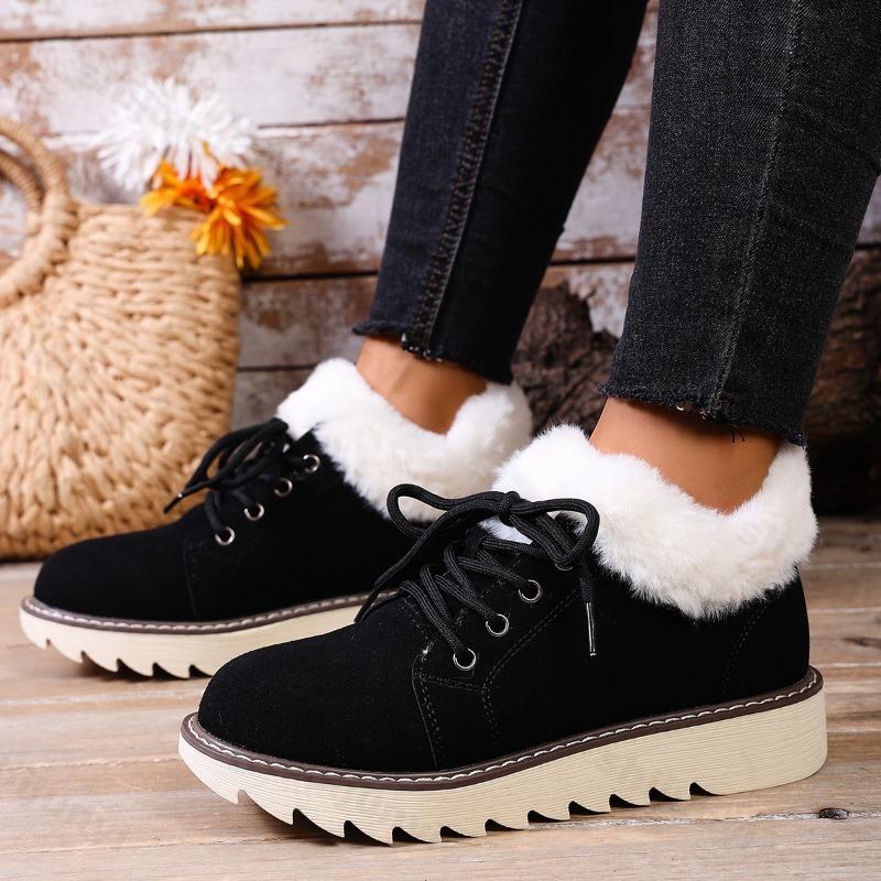 Winter Vintage Warm Hairy Low Top Non Slip Cotton Shoes for Women Retro Solid Versatile Plush Comfortable Chunky Snow Shoes