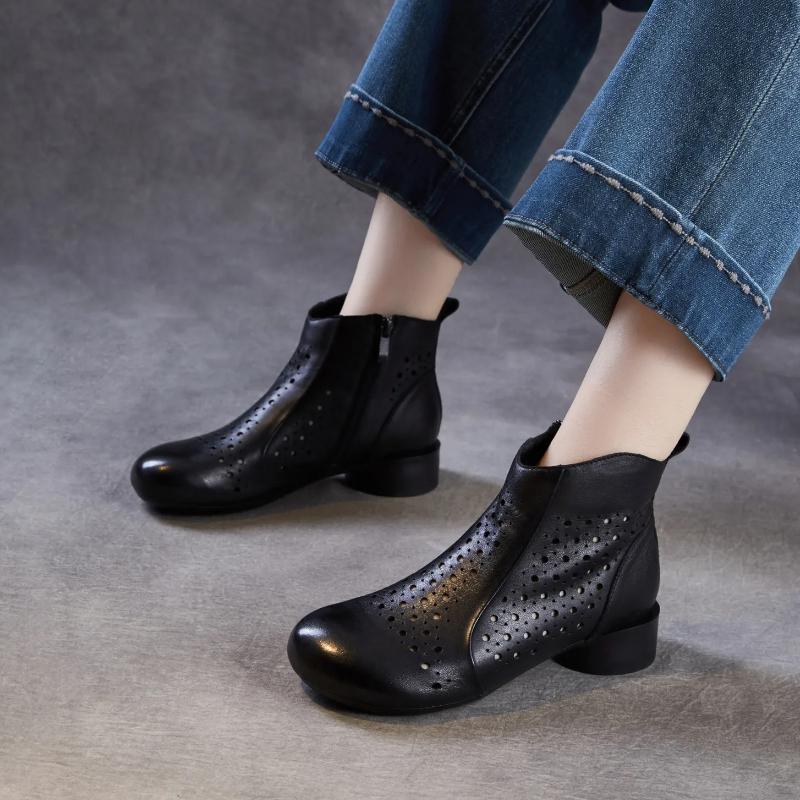 Johnature Pantofi de damă respirabili cu decupaje Piele naturală Confortabili Talpă moale Stil retro Cizme de vară