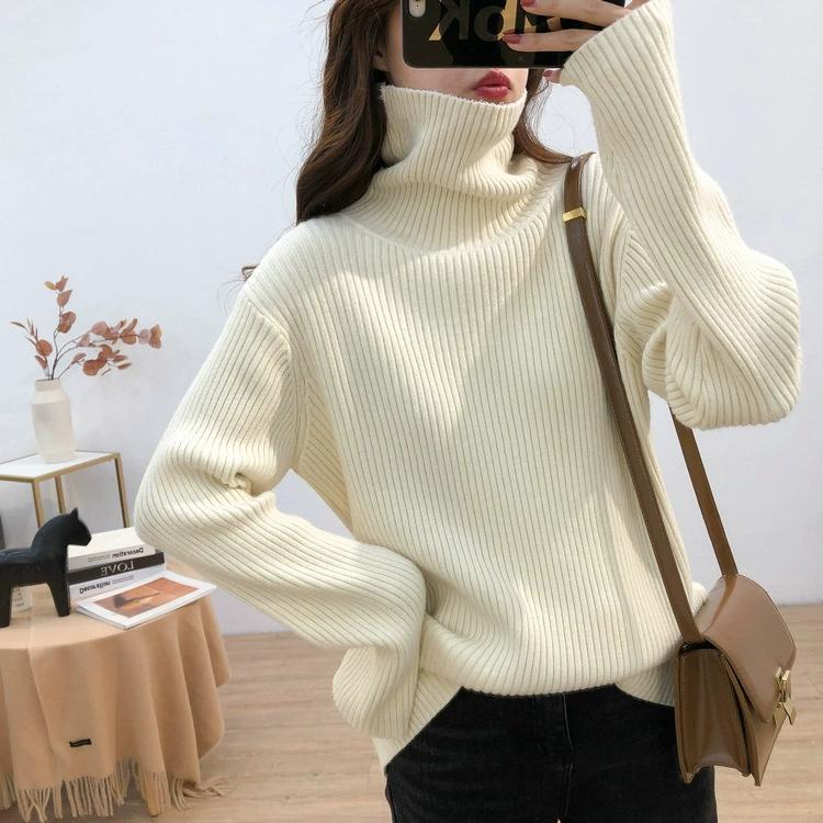 Autumn and Winter Turtleneck Thickened Pit Sweater Women's Large Size Loose Lazy Style Retro Thin Knitted Bottoming Shirt Women