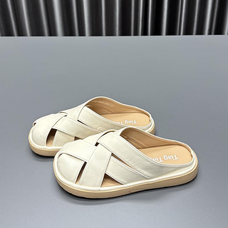 Genuine Leather Bag Head Slippers Women's 2025 Summer New Round Head Thick Bottom Wear Retro Woven Cowhide Casual Cool Slippers