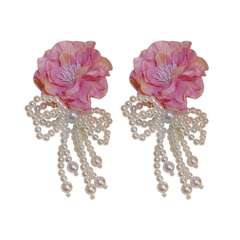 Módní bohémská bílá růžová velké látkové květinové náušnice pro ženy Statement Šperky Ručně vyráběné imitace perly s mašlí střapcem přívěsky