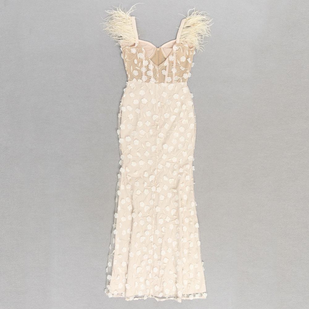 Elegant European & American Lace Fishtail Evening Dress with Feather Strap - Slim Fit, Sophisticated Socialite Style.