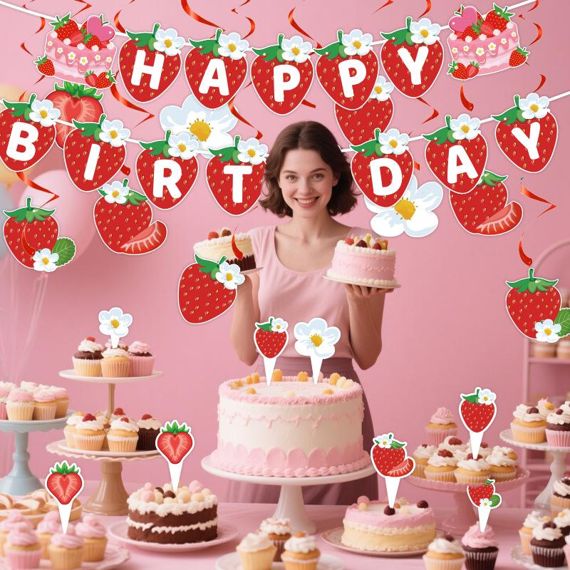 Holiday Birthday Party Cake Topper & Décor Set with Strawberry, Banner, Flowers, and Spiral Pendants
