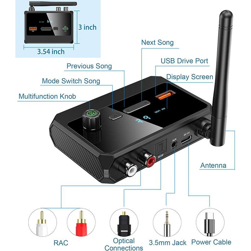 Bluetooth 5.3 Audio-Empfänger Drahtlose Unterstützung U-Disk Audio-Adapter Mit Aux 3,5 mm Cinch Optischer Anschluss Für Auto Fernseher PC Lautsprecher