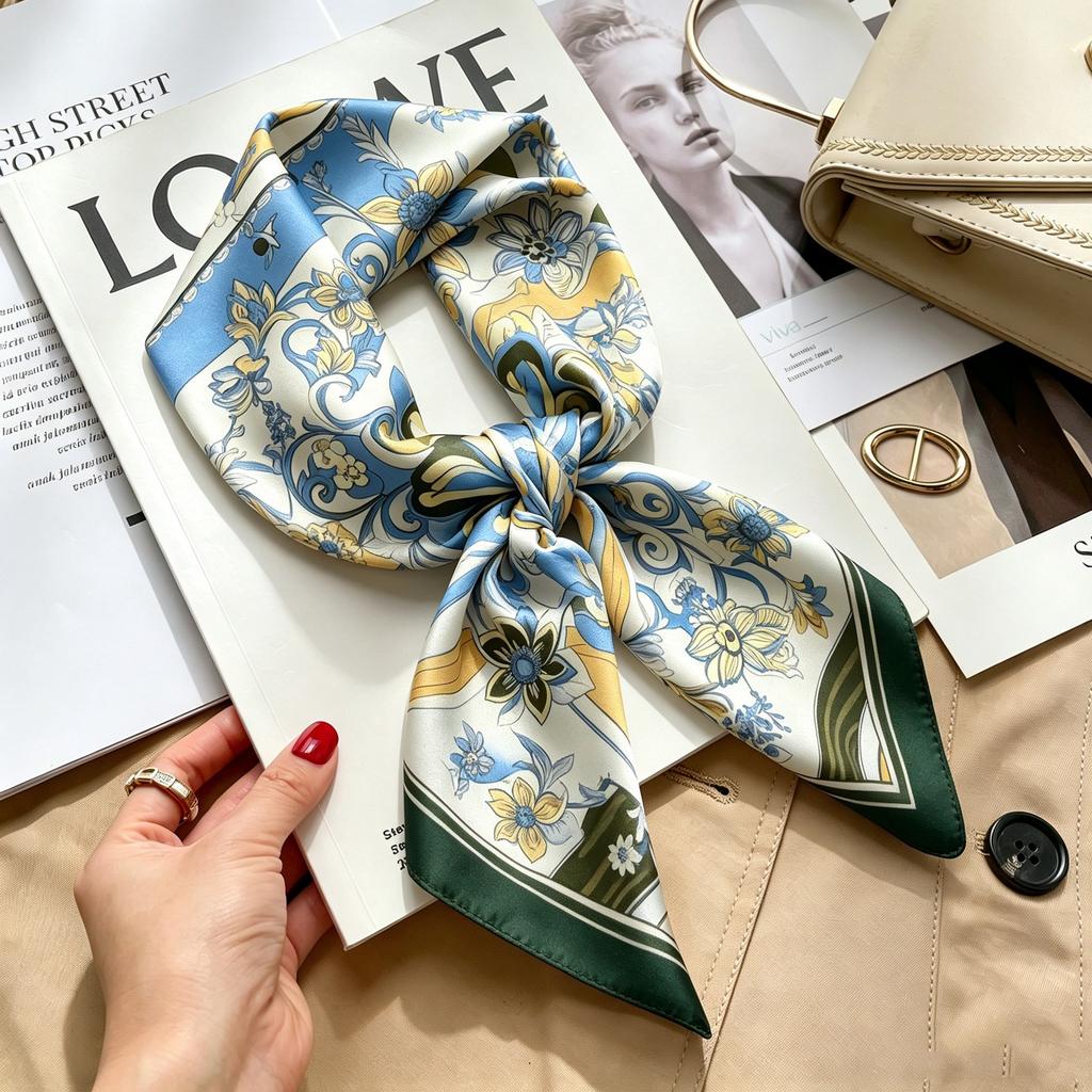 Commuter elegant flower silk scarf women's contrasting color retro printing satin scarf shirt with multi-purpose decorative small scarf