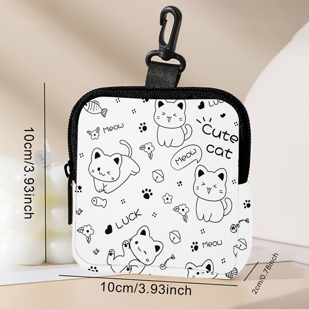 Large Capacity Cute Cat Print Portable Coin Purse Faux Leather Waterproof Mini Earphone Case with Key Ring Multifunctional