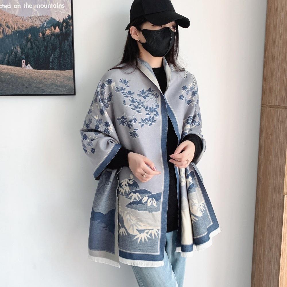 Women's Winter Ink Painting Scarf Shawl - High-End Imitation Cashmere, Knitted for Warmth and Style