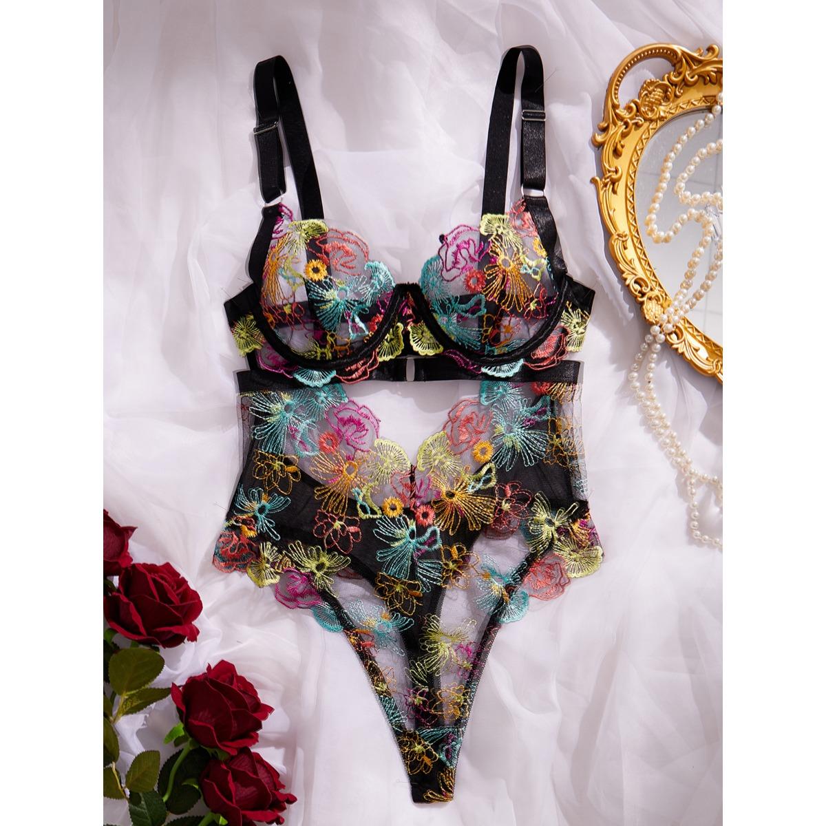 

Сексуальное французское кружево с цветочной вышивкой, цельный новый женский костюм нижнего белья XL чёрный
