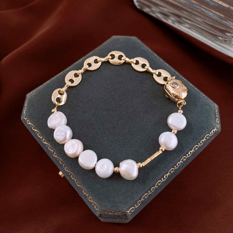 

Винтажный браслет-манжета с пресноводным жемчугом и цирконами с золотым покрытием - Нишевый браслет класса люкс для женщин