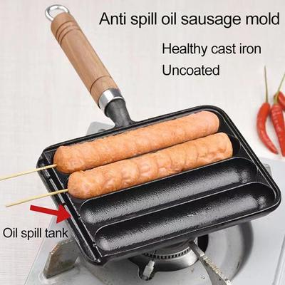 Eisenwurstpfanne mit Anti-Verbrühungs-Holzgriff, antihaftbeschichtet, vorgewürzte Grillwurstpfanne, Küche