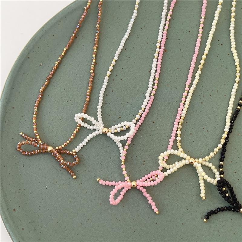 Delicate Beaded Choker Necklace with Bowknot Pendant Stylish Collar Necklaces Adjustable Chain  for Women and Girls