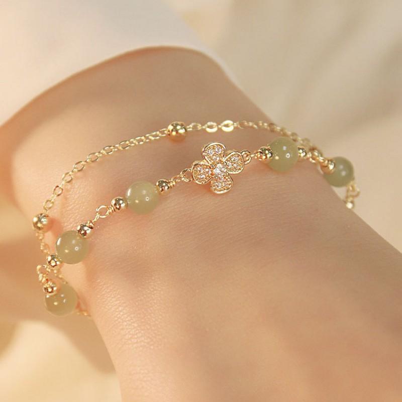 Handmade Natural Hetian Jade Bracelet Women Double Layer Stacking Clover Lucky Charm INS Style Minimalist Jewelry