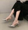 Fashion Shiny High Heels Slingback Silver Women Pumps Metallic Crystal Sandals Pointy Toe Stiletto Heeled Shoes Party Dress Shoes Woman
