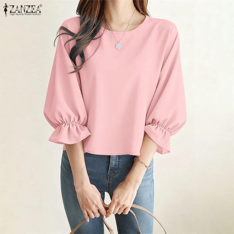 ZANZEA Women Casual Round Neck Solid Color 3/4 Sleeve Loose Blouse