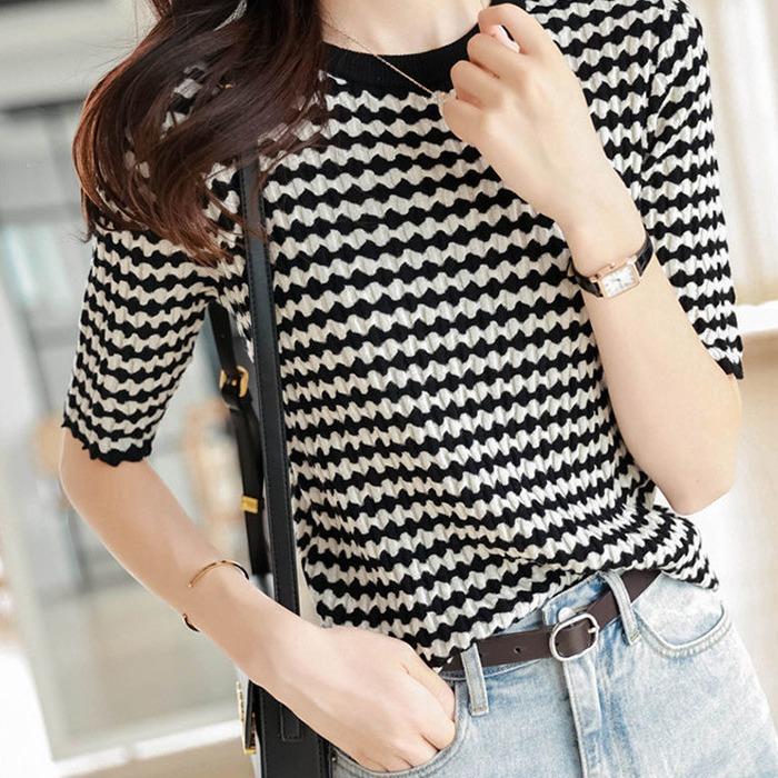 

Summer Women s Knitted T-shirt Round Neck Black and White Striped Color Blocked Loose and Versatile White Base Shirt 2XL чорний