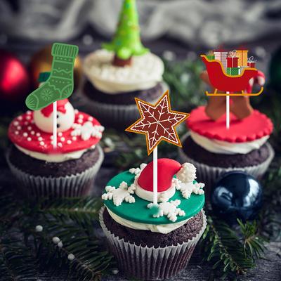 24 Pcs Cakes Christmas Cupcake Picks Food Toppers Father Pan Happy Birthday Decorations