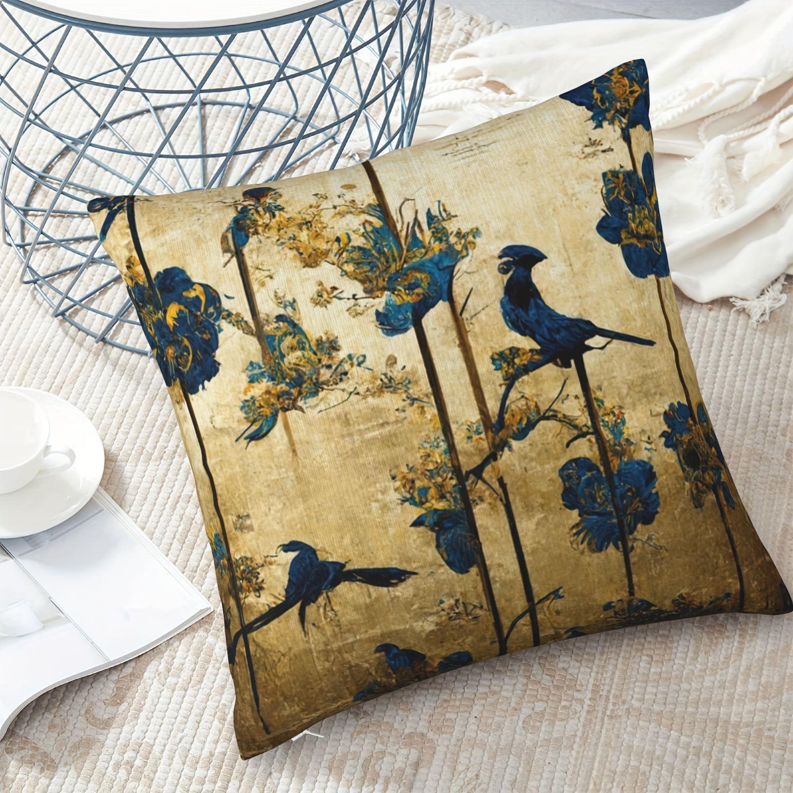 Exquisite Ornaments Unisex Blue/Gold Vintage Chinoiserie Bird Floral Throw Pillow Cover Oriental Decorative Pillow Case