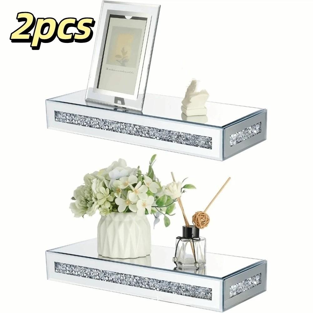 2pcs Premium Mirror Glass Mirror Glass Floating Shelf Exquisite Rhinestone Decoration Wall-Mounted Design Rhinestone Wall Shelf серебряный