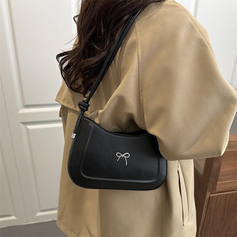 Versatile Solid Color Bow PU Shoulder Underarm Bags for Women Casual Ladies Adjustable Crossbody Bag Portable Female Handbags