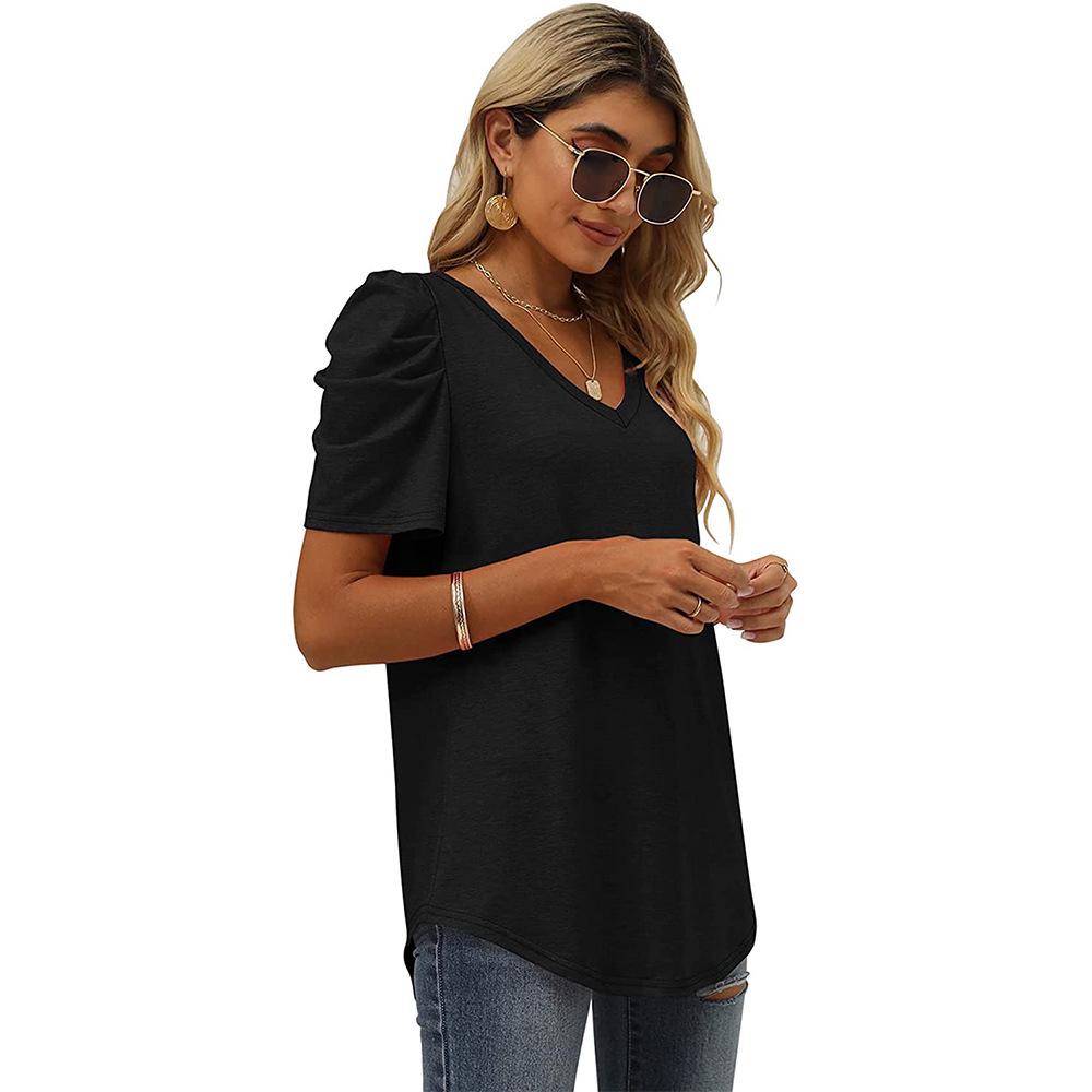 2024 European & American Style Ruched Patchwork V-Neck Short-Sleeve Women's T-Shirt