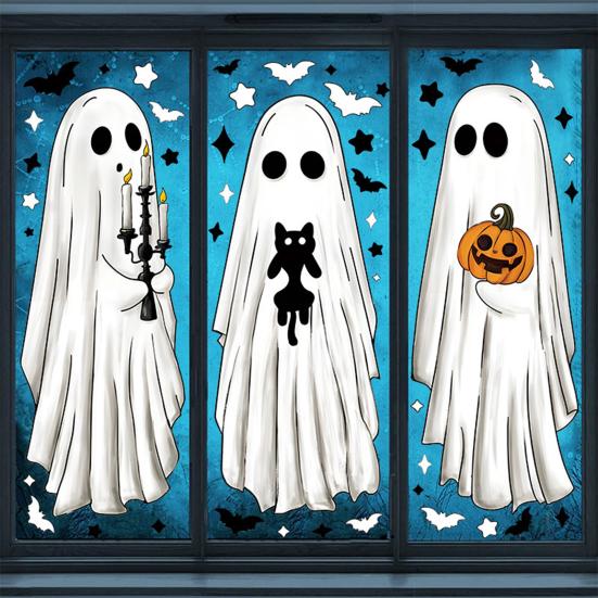 6 Sheets Halloween Large Ghosts Window Clings Spooky Bat Black Cat Pumpkin Stickers Double Sided PVC Decals for Home Party Store Glass Decoration