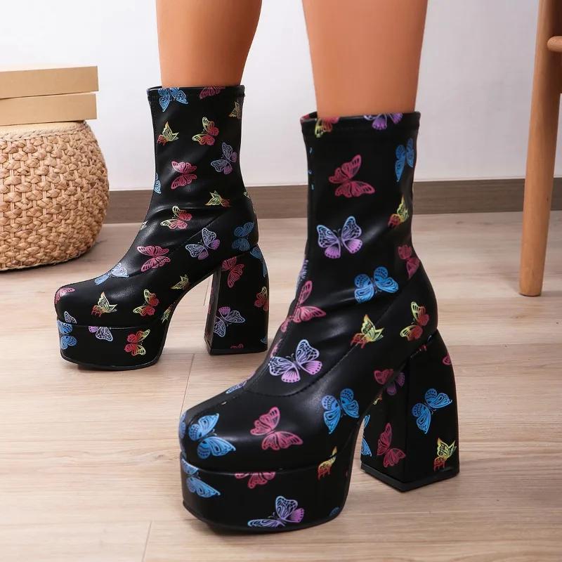Fashion 2024 New Women's Short Boots Fashion Square Head Waterproof Platform High Heels Versatile Thick Sole Women's Boots