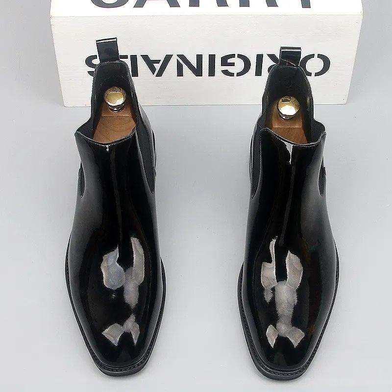 

New Men s Chelsea Boots Youth Trend Paint Shiny Leather Medium Top Leather Boots Outdoor Cowboy Boots Tooling Men s Shoes 44