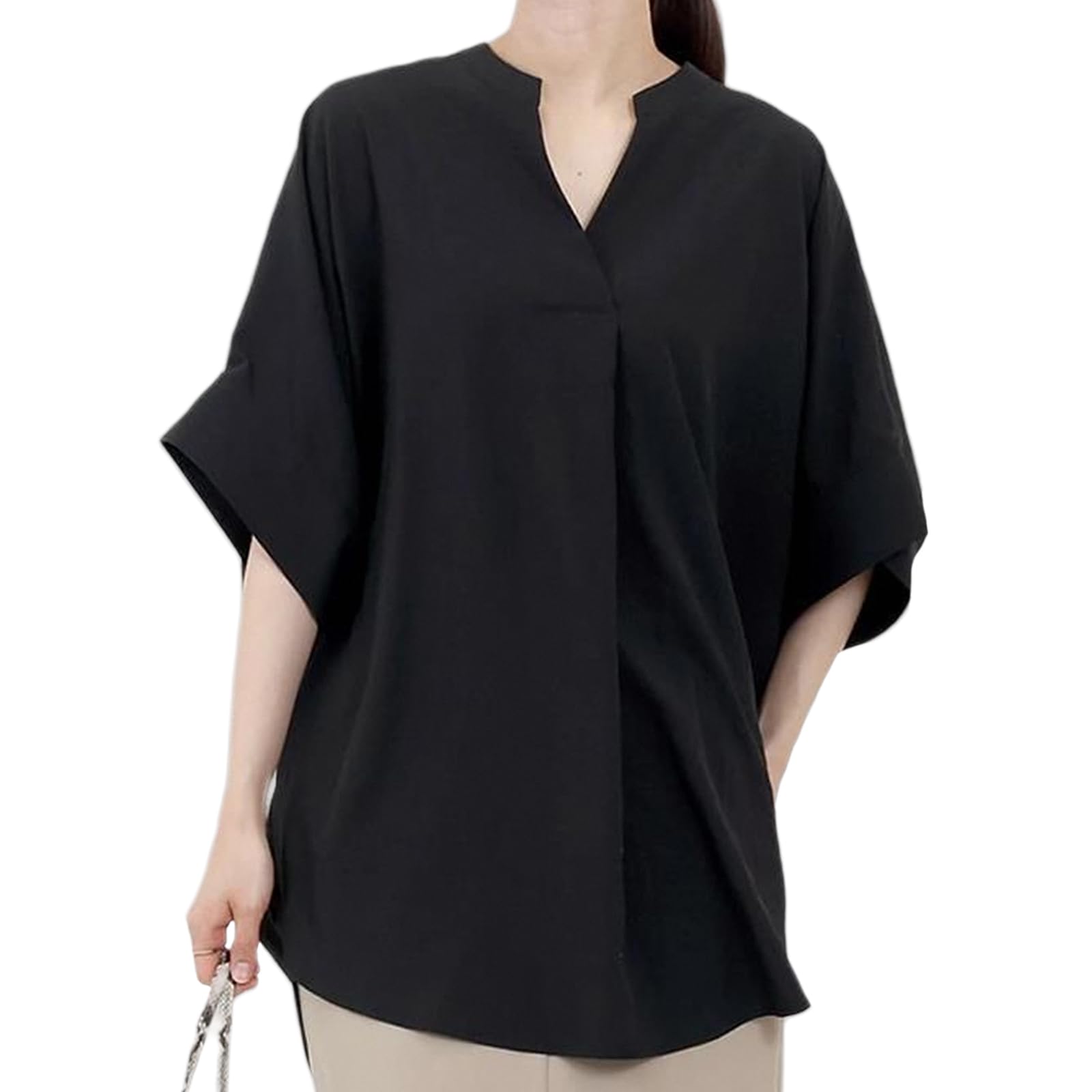 

Рубашки женские с коротким рукавом, короткого кроя и сшитые, большого размера, свободного кроя, [LrisIuza Echo], рубашки, блузки, V-образный вырез, рубашки, женские рукава, топы, стильные, чёрный