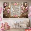 2D Sweet 15 Photo Backdrop with Diamond Number 15, Pink Gold Balloons and Flowers