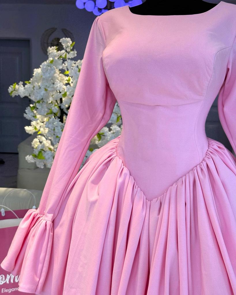 2025 Spring Elegant A-Line Dress: Women's High Waist, Long Sleeve Round Neck with Tie Detail