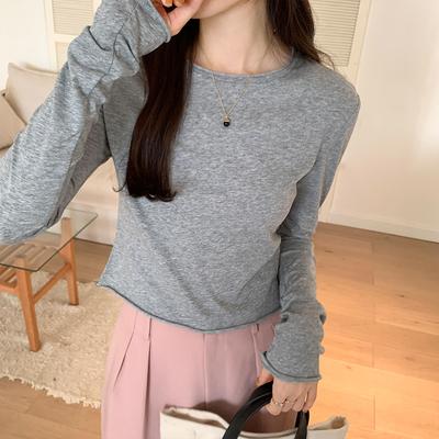 Solid Color Rolled Edge Round Neck Bottoming Shirt, Shoulder and Waist, Short Long-sleeved T-shirt, Women's Autumn New Hot Girl Inner Top