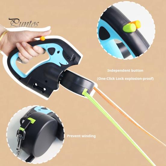 Retractable Dog Leash for 2 Dogs Nylon Traction Rope with LED Lights Ergonomic Handle Poop Bag Holder for Small Dogs