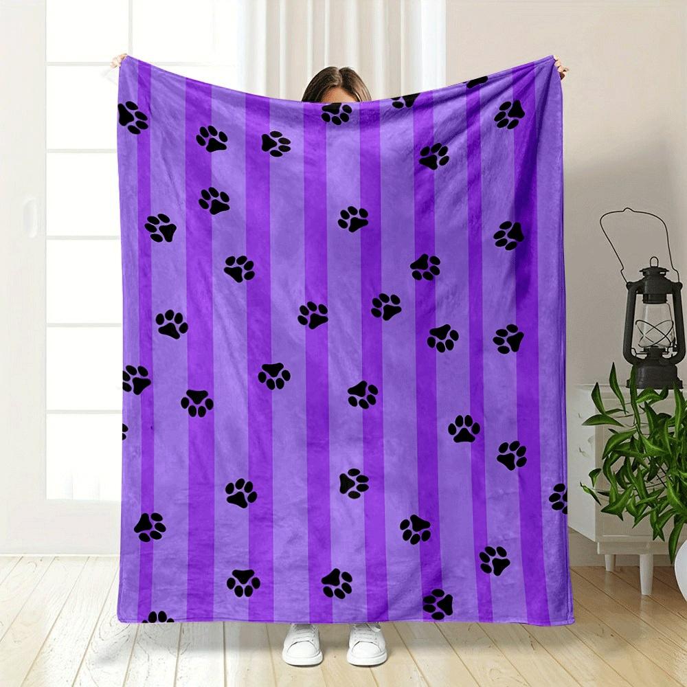 Purple Vertical Stripes with Scattered Black Paw Prints. for All Seasons Blanket Lunch Break Throw Gift