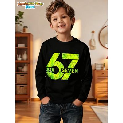 T-shirt per Bambini Divertenti Sei Sette 6 7 Meme Manica Lunga Top Y2k Gioco Frase Maglietta Girocollo Vestiti Grafica Y2k Abbigliamento per Bambini