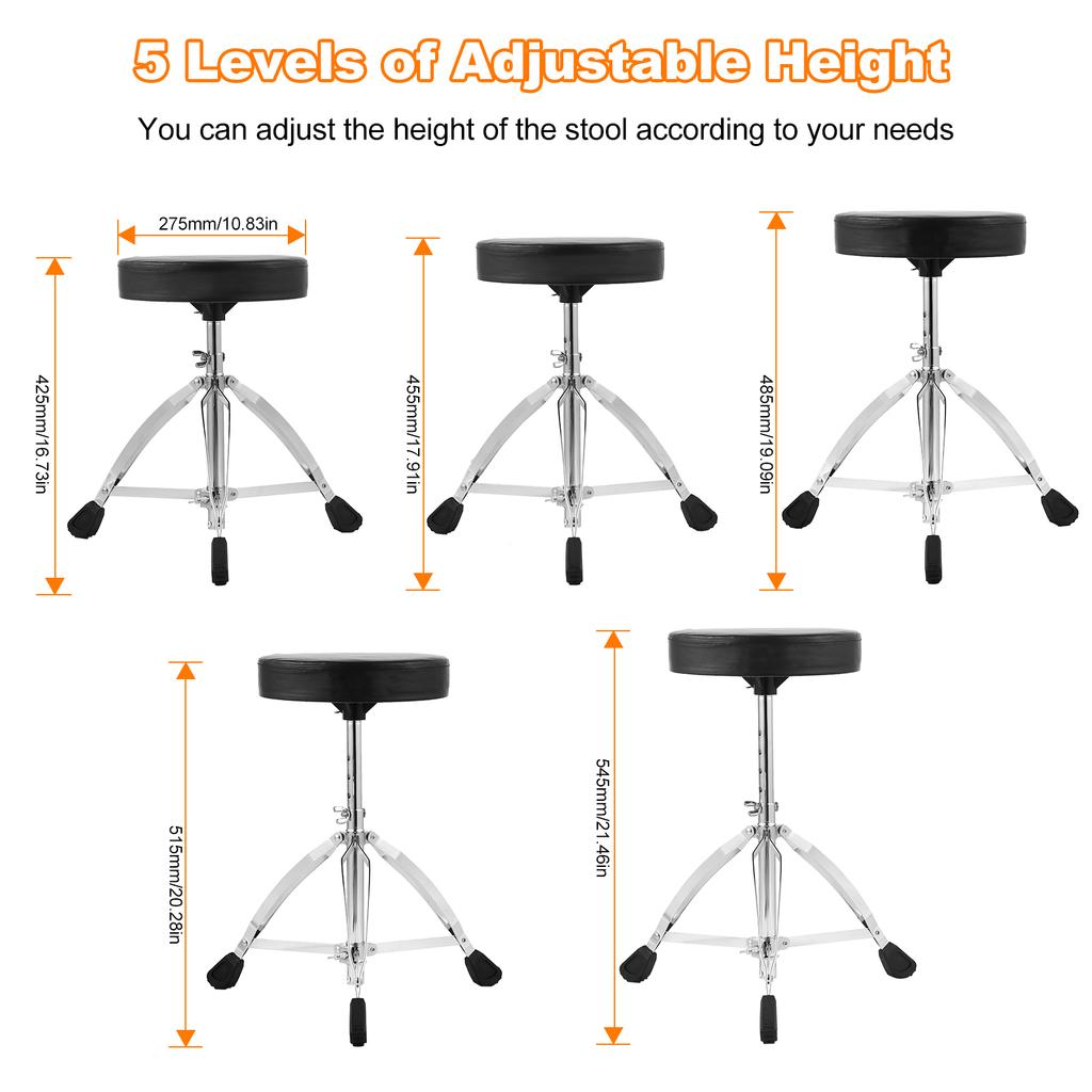 AROMA Universal Drum Throne Round Padded Drum Seat Stool Double braced Stainless Steel Legs Anti slip 5 Levels