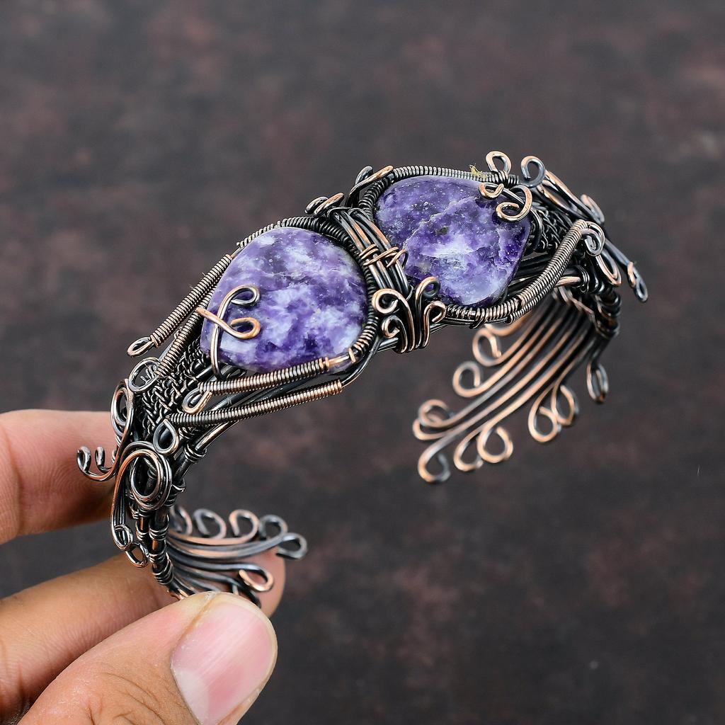 Lepidolite Cuff Bracelet Gemstone Bangle Copper Wire Wrapped Cuff Bracelet Handmade Wire Jewelry Adjustable Bangle Copper Jewelry For Gift