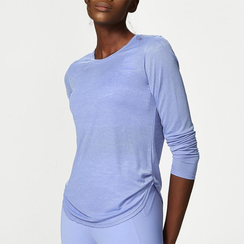 

Футболка для йоги с длинным рукавом, женская, с боковыми складками, свободный топ для тренировок в спортзале, дышащая, быстросохнущая, беговая толстовка, женская спортивная одежда S синий