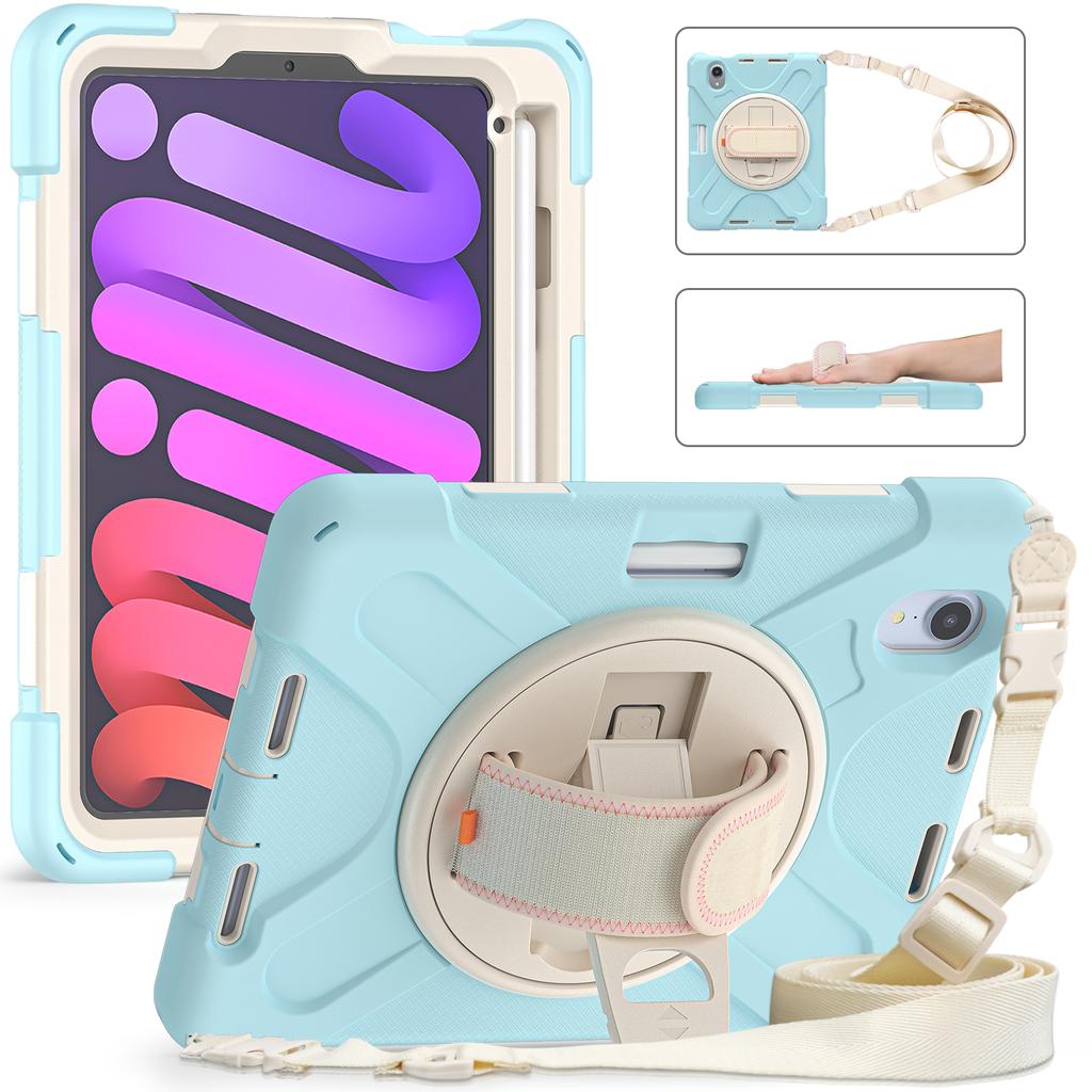 Heavy Duty Case Universal for IPad Mini 7 A17 Pro 2024 2021 8.3" Rotatable Stand Hybrid Cover with Hand Shoulder Strap, Pen Slot