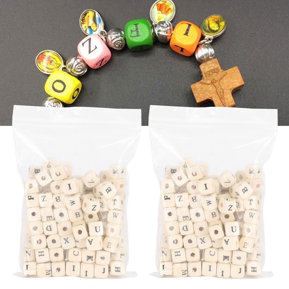 200pcs 10mm DIY Jewelry Beads Letter Printed White Cube Wooden Craft Beads