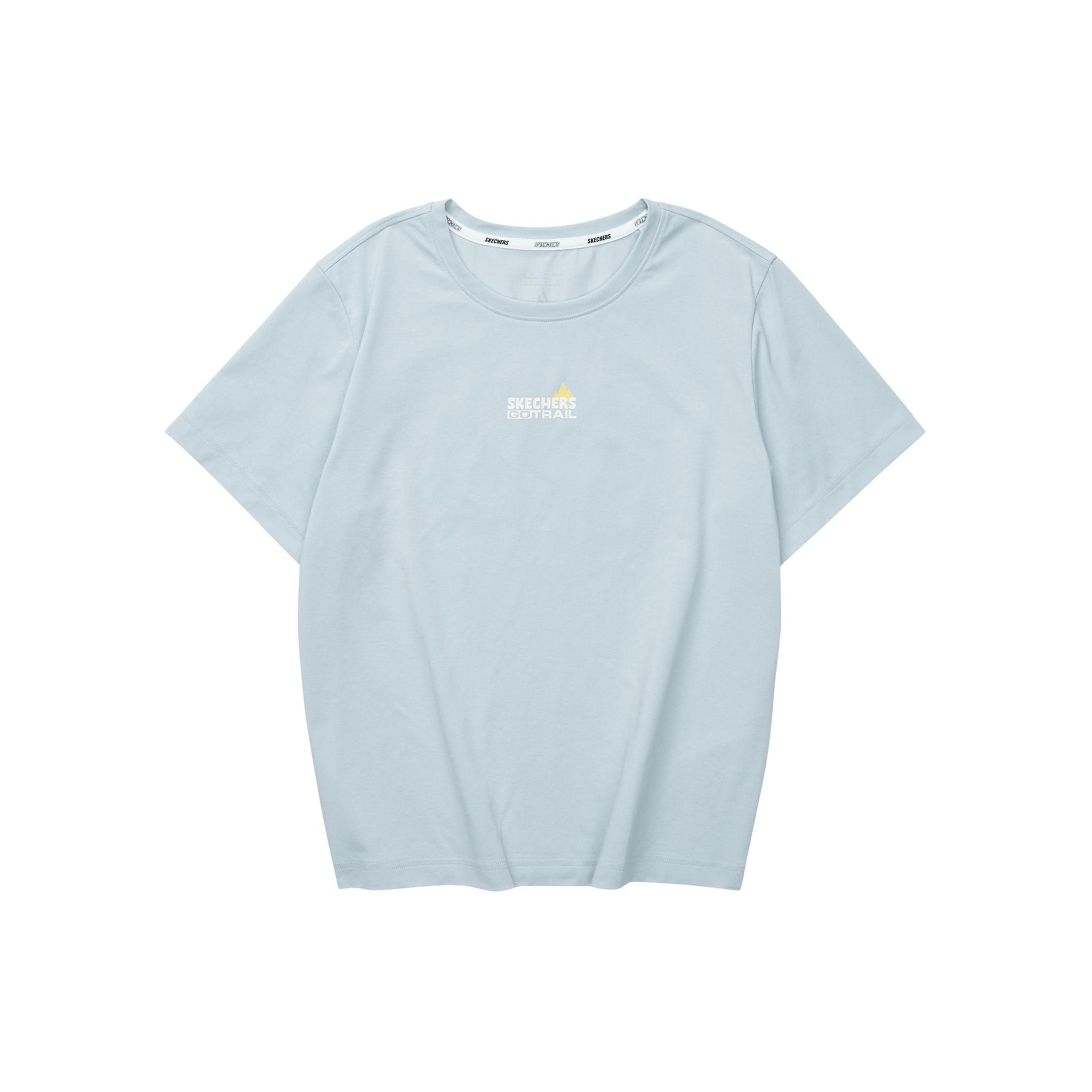 Skechers Letter Print Round Neck Pullover Loose Breathable Short Sleeve T-Shirt Women Tops Sky-Blue L224W030-02PF S